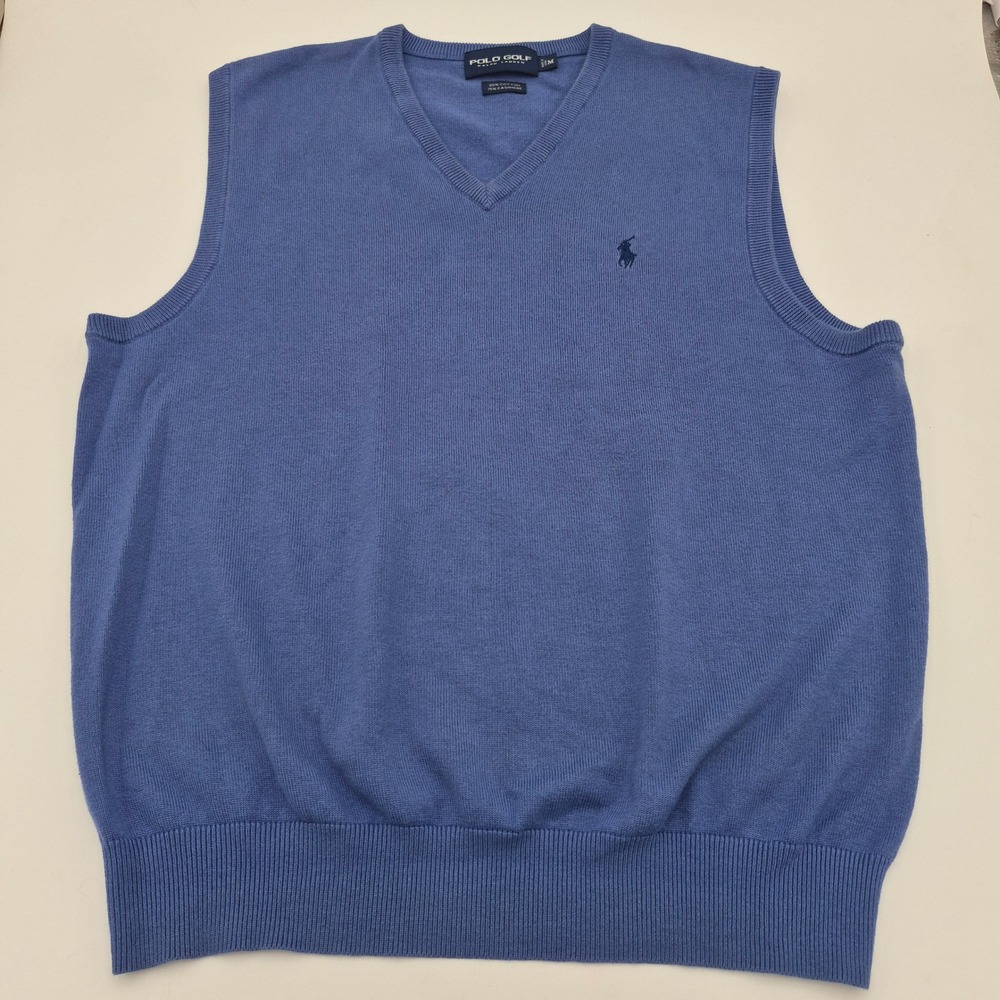Polo Golf Ralph Lauren Blue Cotton Cashmere V-Neck Sweater Vest Mens Medium - Picture 2 of 6